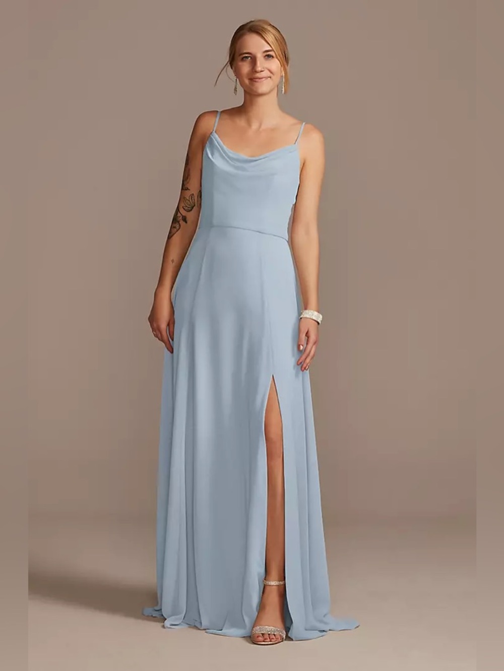 DB Studio Cowl Neck Chiffon Dress with Slit - Dusty Blue - Size 14